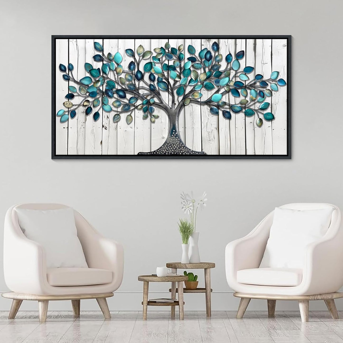 CHATYOUNG Wall Art for Living Room - Large Size 48"x24" Framed Paintings Green Tree of Life Grey White Background Modern Pictures Artwork for Bedroom Dining Room Office Kitchen Home Decor