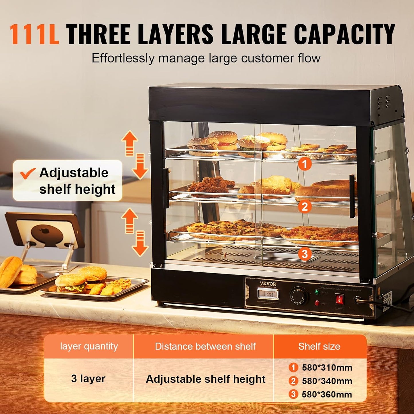 VEVOR 3-Tier Commercial Food Warmer Display, 1200W Food Display Warmer with Light, Adjustable Shelf and Temperature Display, 86℉~185℉ Steam Heating, 111L for Hamburger, Pizza, Bread, Fried Chicken