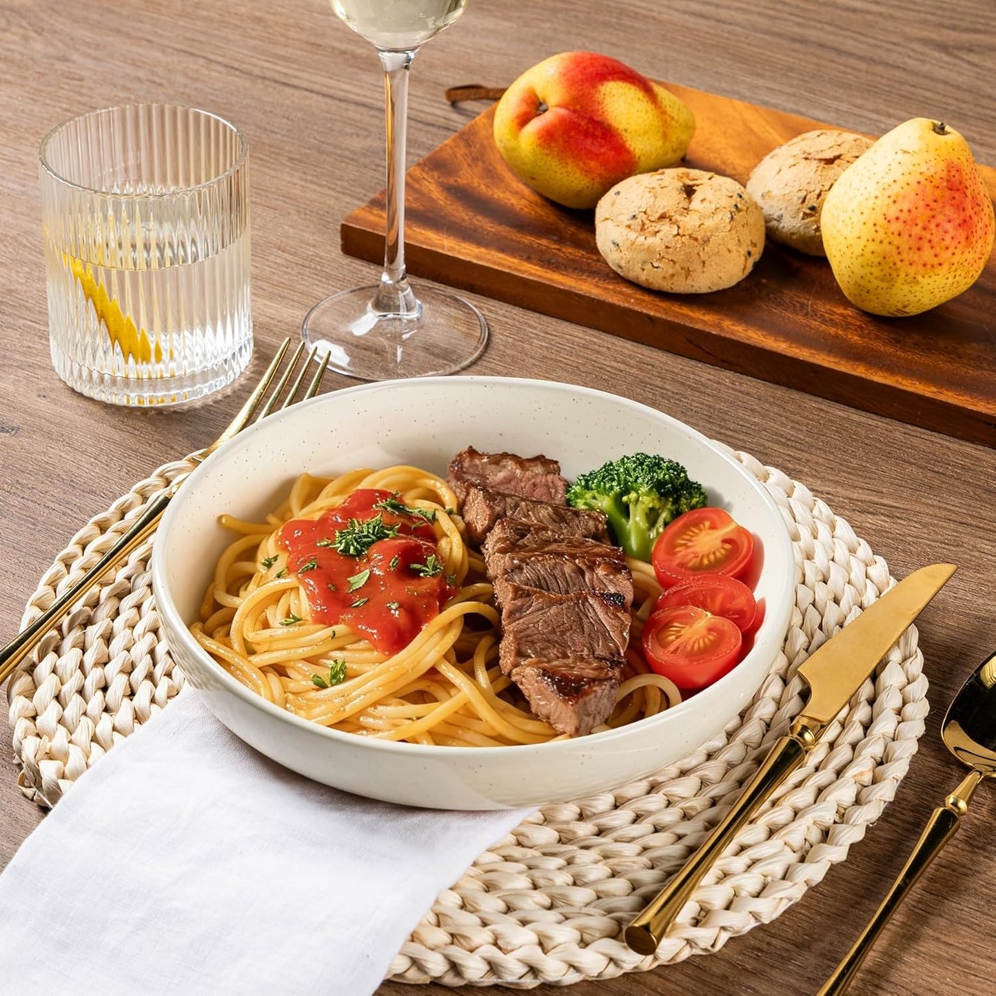 AmorArc 8.75'' Large Ceramic Pasta Bowls, 36oz Handpainted Stoneware Bowls Set of 4, Microwave&Dishwasher Safe Bowls with Wavy Rim&Rustic Terracotta Underside for Pasta Salad, Light Beige