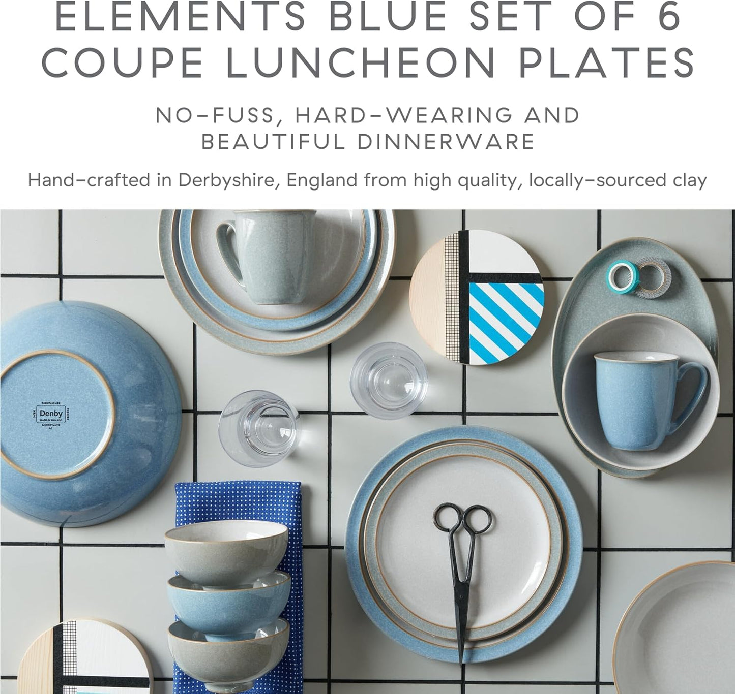 Denby - Elements Blue Coupe Salad Plates Set of 6 - Dishwasher Microwave Oven Safe - Scratch Chip Resistant Lunch, Appetizer, Dessert Plates - 8.25 Inch Ceramic Stoneware Dinnerware Set