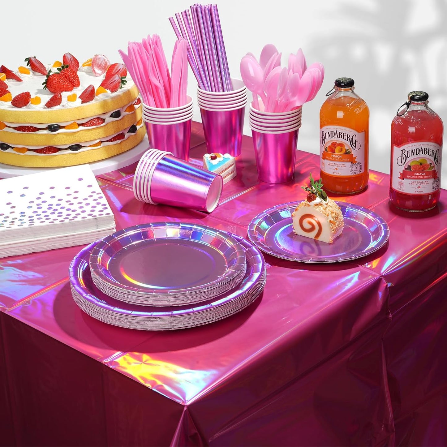 Iridescent Pink Party Supplies Decorations Serve 25, Hot Pink Holographic Paper Plates and Napkins Set, Disposable Pink Paper Plates Cups Knives Spoons Fork for Mermaid Disco Birthday Graduation Party