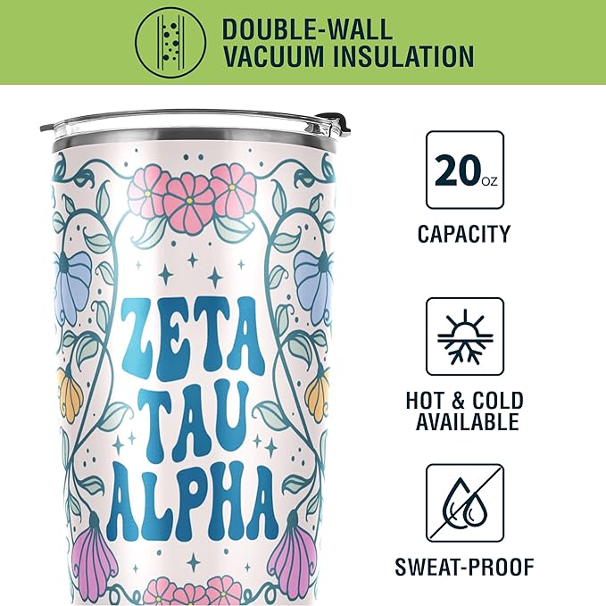 Zeta Tau Alpha Paraphernalia - Officially Licensed - 20 oz Stainless Steel Insulated Sublimation Tumbler - Flowers