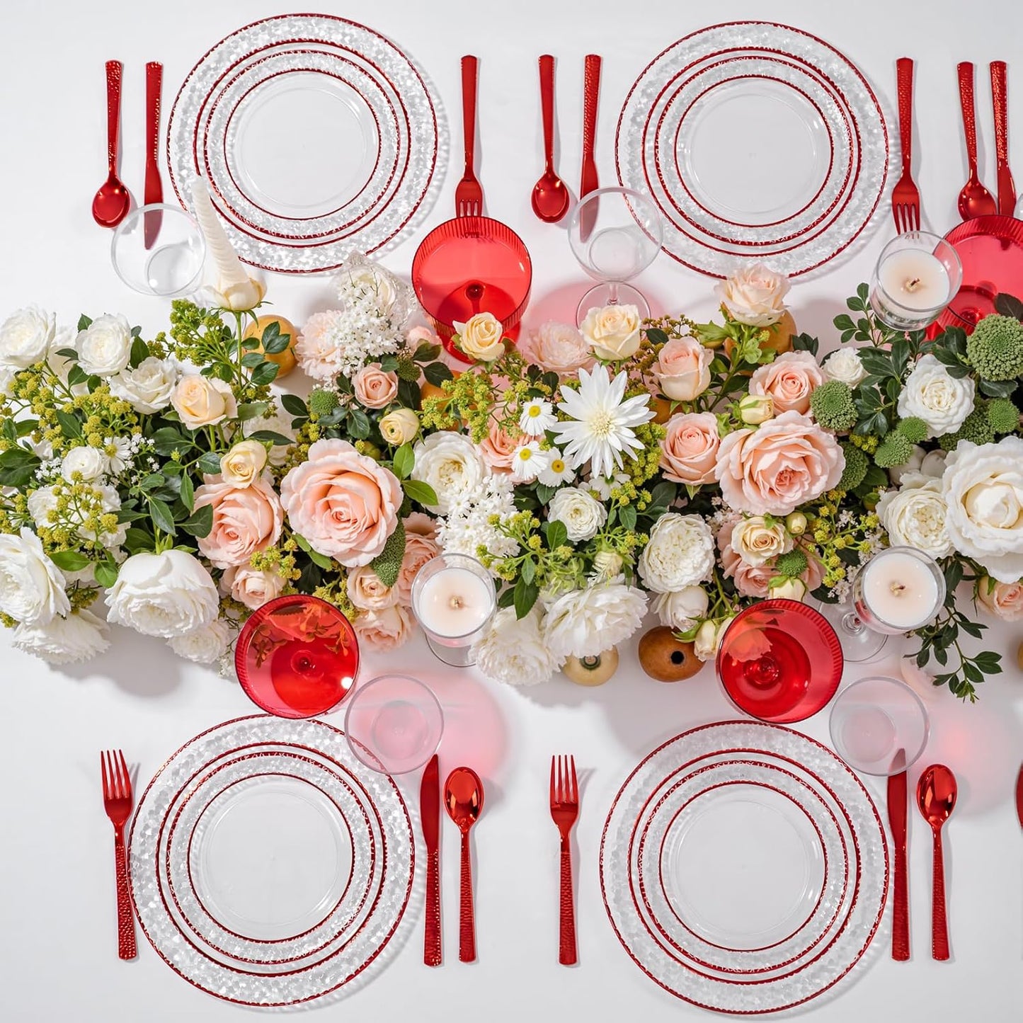 Ciaell 150 PCS Red Plastic Plates – Clear Hammered Disposable Plates with Red Rim include 50Plates, 25Forks, 25Knives, 25Spoons, 25Cups for Wedding & Party & Anniversary & Christmas