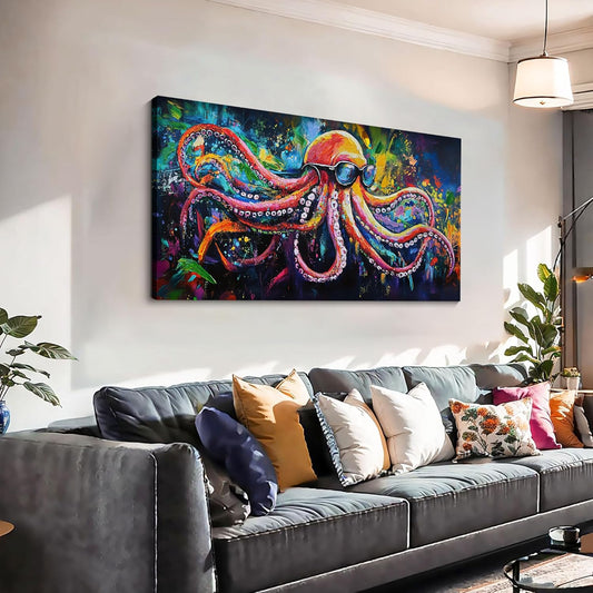 JEAWA Large Canvas Wall Art - Funny Octopus Wearing Sunglasses Modern Graffiti Texture Wall Painting for Living Room Bedroom Men Teenage Boy Room Game Room Cool Posters Decor 24x48 IN