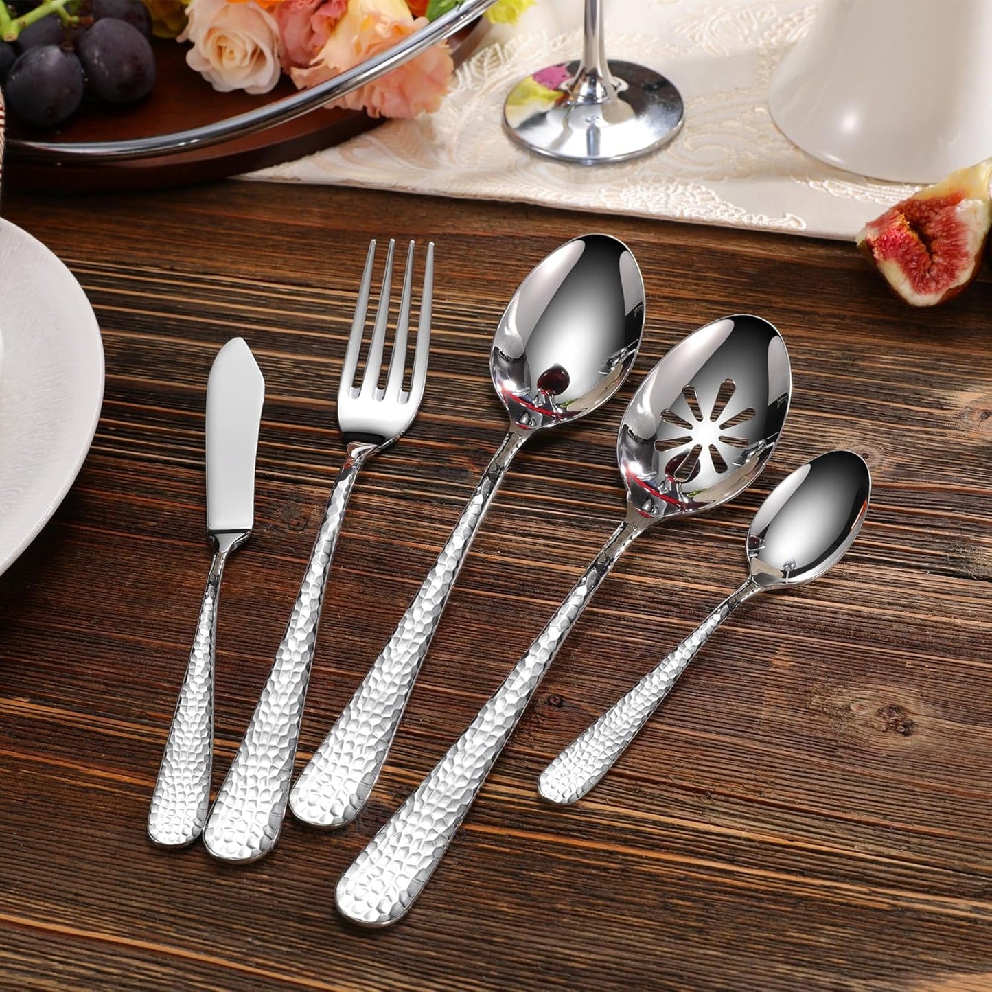 KEAWELL Premium 20/45/65 Piece Louise Hammered Silverware Set with Round Edge, 18/10 Stainless Steel, Service for 4/8/12, Fine Flatware Set, Dishwasher Safe (65)