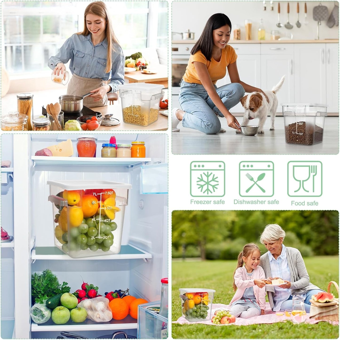 Lallisa 4 Pcs 8 Qt and 4 Qt Clear Food Storage Containers with Lids, Handles and Scales, Commercial Grade Square Containers Polycarbonate Air Tight for Home Storage Kitchen Restaurant(White)