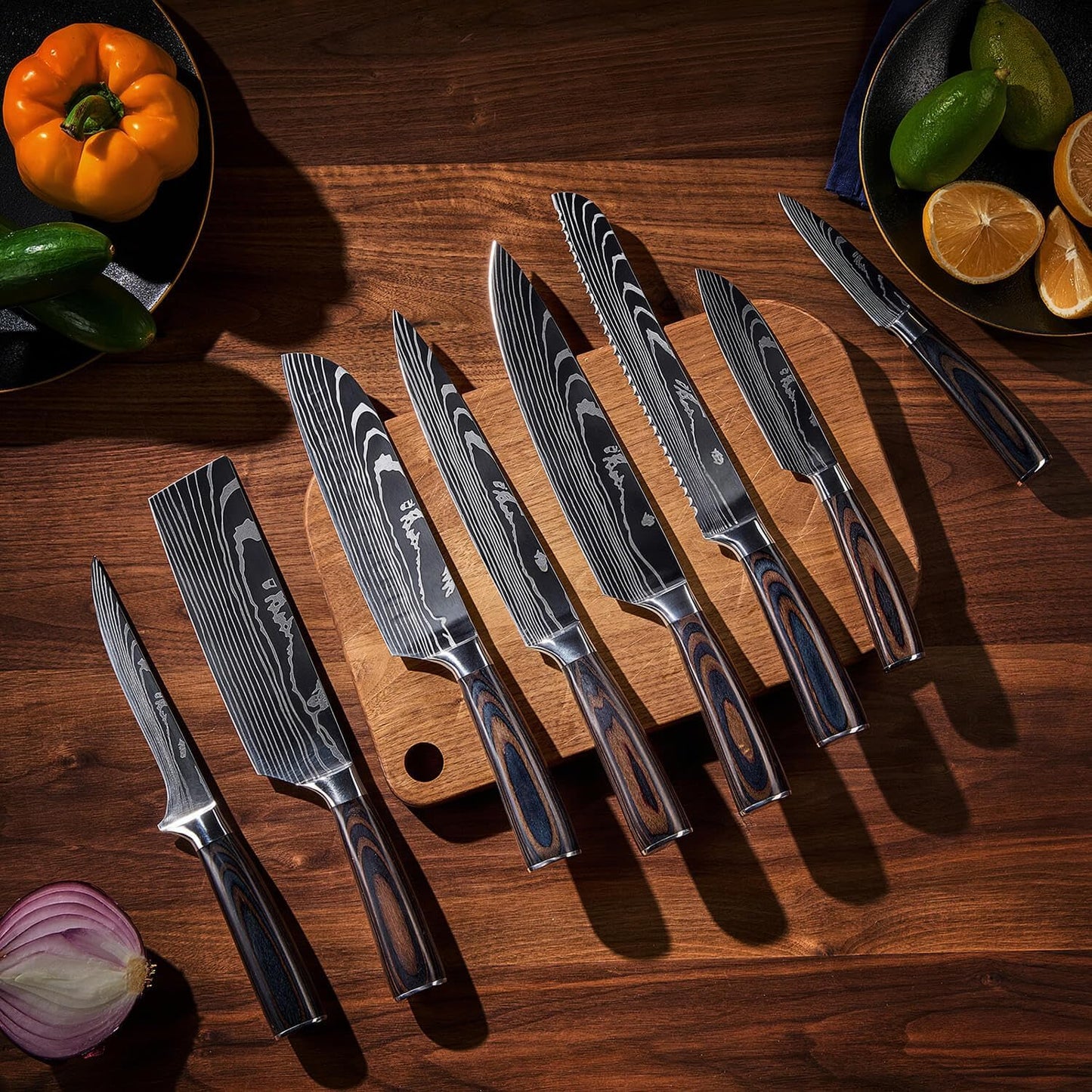 SENKEN 16-Piece Natural Acacia Wood Kitchen Knife Block Set - Japanese Chef's Knife Set with Laser Damascus Pattern, Includes Steak Knives, Kitchen Shears, Santoku, Cleaver & More (Wooden Handles)