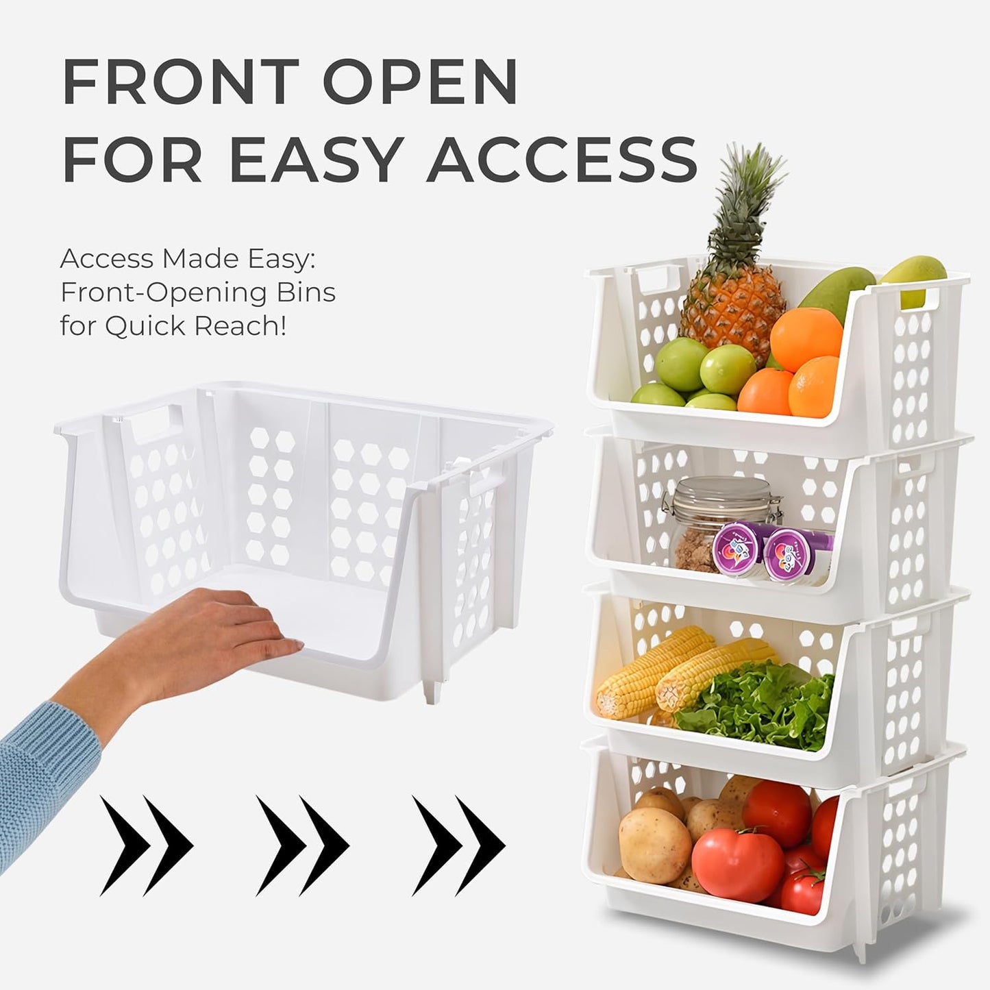 Skywin Small Plastic Stackable Storage Bins for Pantry White - 4-Pack Stackable Bins For Organizing Food, Kitchen, and Bathroom Essentials (White)