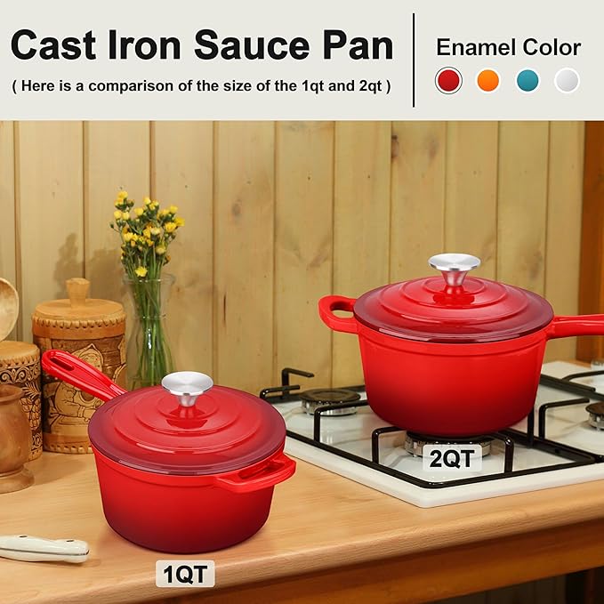Enameled Cast Iron Sauce Pan with Lid, Leonyo 1 Quart Saucepan with Lid, Small Enamel Cast Iron Dutch Oven Kitchen Cookware for All Cooktops Cooking Pasta, Soup, Milk - Up to 500°F & 4.4Lbs, Red