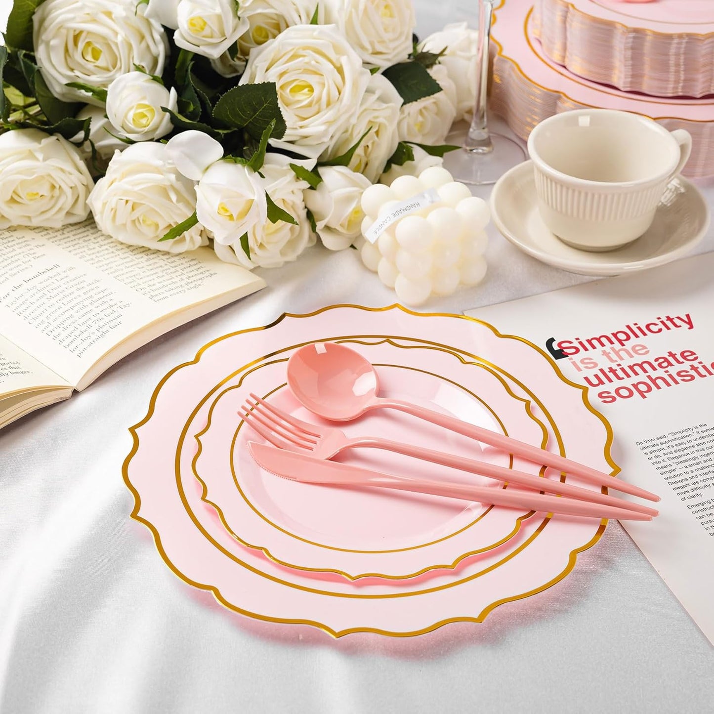 120PCS Pink Plastic Plates, Disposable Elegant Party Plate with Gold Rim, Heavy Duty 60 Dinner and 60 Dessert Fancy Plates for Party and Wedding