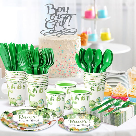 Dandat 350 Pcs Baby Shower Plates Set Baby Shower Party Supplies Serves 50 Tableware Sets Include Plates Napkin Cup Forks Knives Spoons Disposable Dinnerware(Dinosaur,Green)