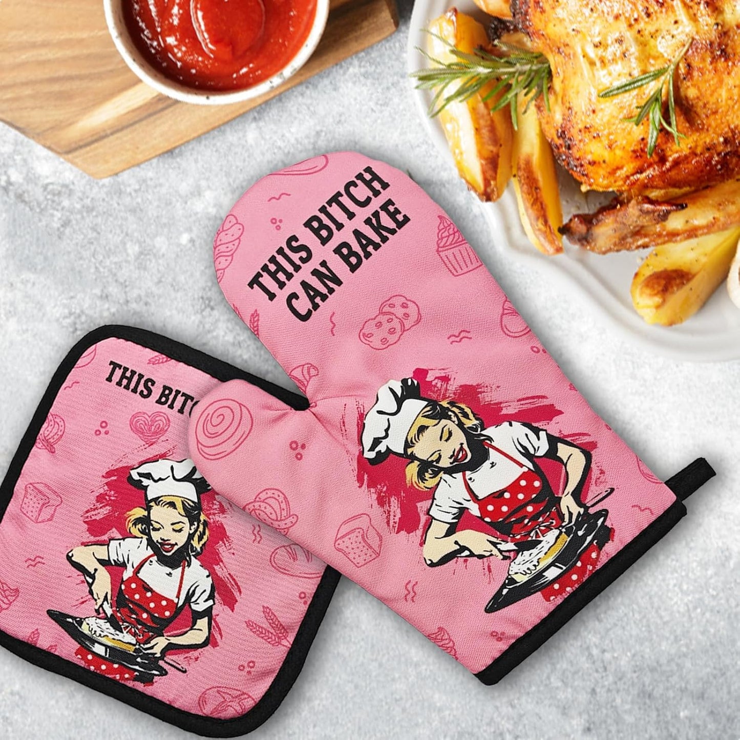 Funny Oven Mitts and Pot Holders（Set of 2） This Bxxch Can Bake Heat Resistant Mitts Retro Silicone Non-Slip Oven Mitts Kitchen Gift for Men Women Great Birthday Gift for Bake Lover Chef Mom