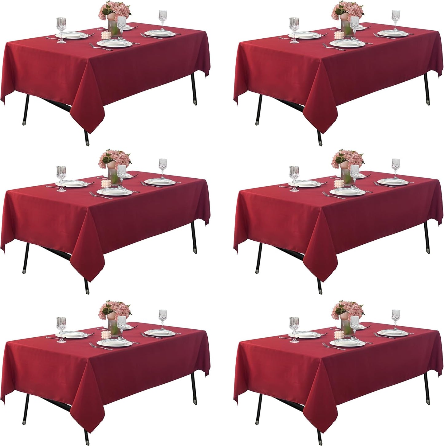6-Pack 60x84 inch Burgundy Table Cloths, Solid Stain and Wrinkle Resistant Oblong Tablecloth, Premium Plain Weave Polyester Fabric Rectangle Table Linen Covers for Hotel, Banquet