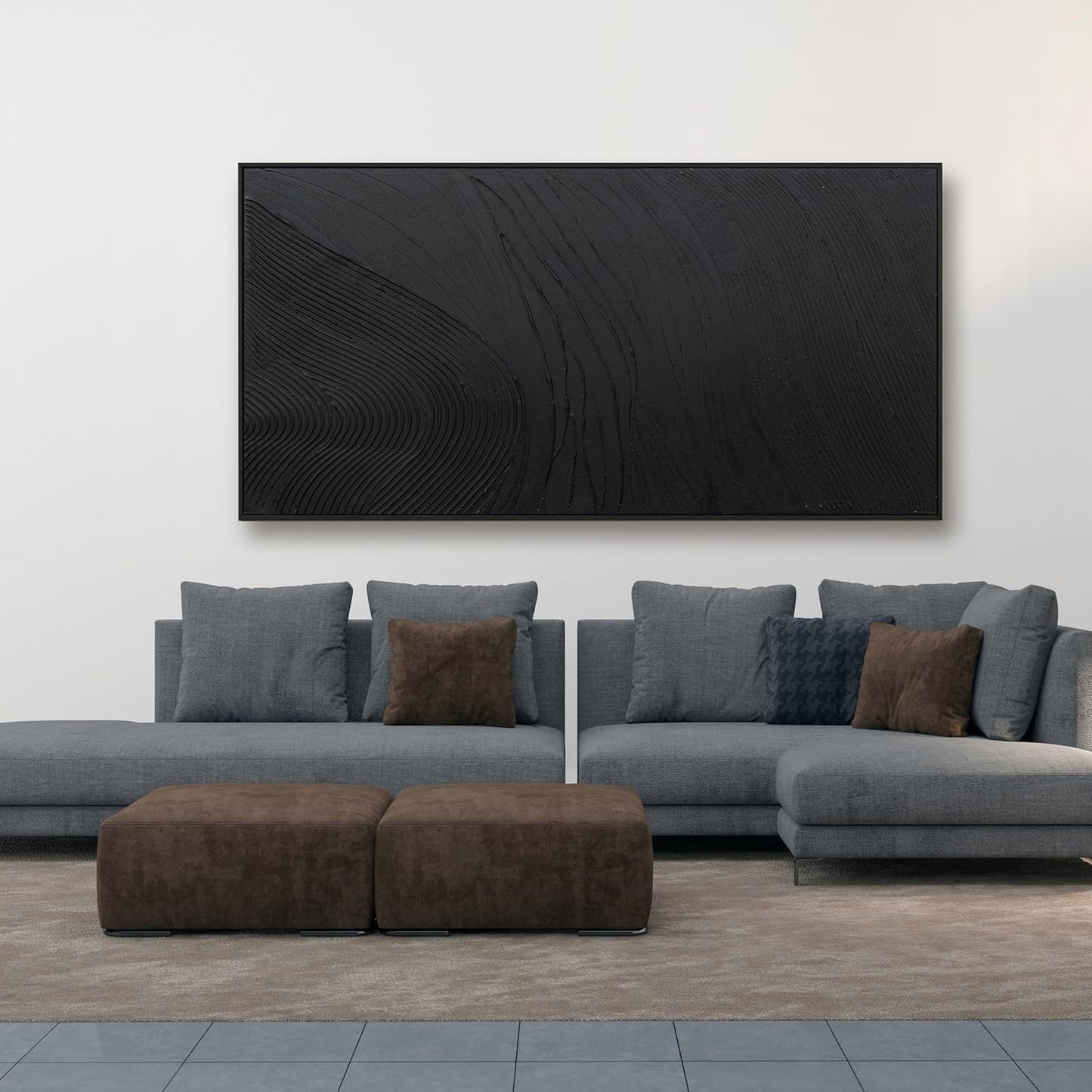 Framed Abstract Wall Art For Living Room Wall Decor Artwork 48" W X 24" H Black Hand Painted Line Texture Canvas In Large Abstract Artwork For Living Room Bedroom Office Modern Glam Decor Ready To Hang