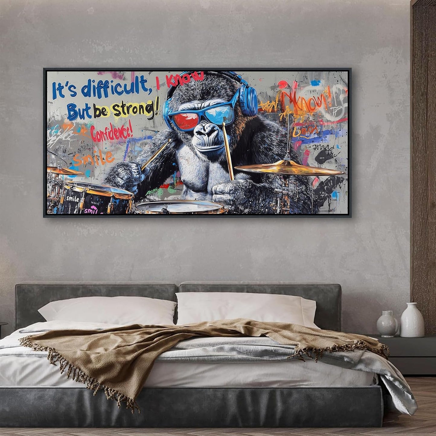 QZQCBLC Large Canvas Wall Art - Abstract Graffiti Gorilla Wearing Glasses Playing Drums Street Art Paintings Artwork Pictures for Living room Bedroom Bar Men's Teenager Game Room Decor 29X58