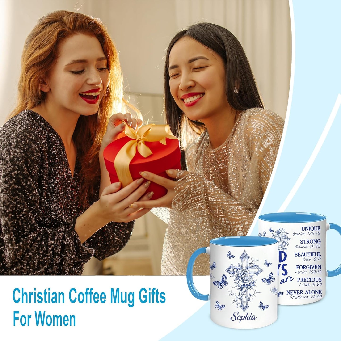 Hyturtle Personalized Blue Floral Christian Mug - Christian Gifts For Women - Religious Gifts For Her On Birthday - Bible Verse Present On Mother Day - Custom Coffee Cup Ceramic Mug 11 Oz 15 Oz