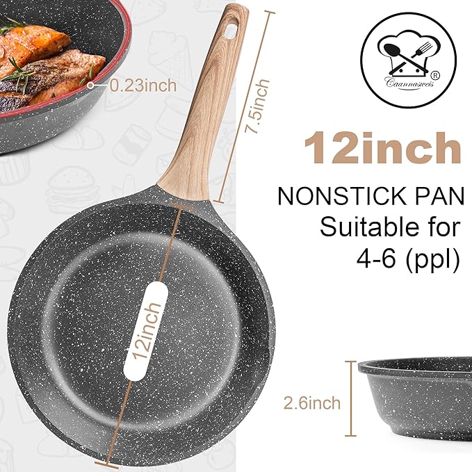 Caannasweis Nonstick Granite Frying Pan Skillet, Non Stick Omelette Fry Pans, Omelet Egg Pan, Stone Cookware Chef's Pan, Induction Compatible, PFOA Free (Gray, 12 Inch with Lid)