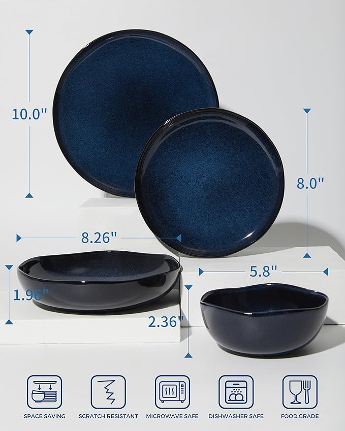 32 Piece Starry Blue Dinnerware Set with Pasta Bowls, Coastal Reactive Glaze Stoneware for 8 | Complete Serving Set for Holiday Meals, Multi‑Dish Hosting & Family Celebrations