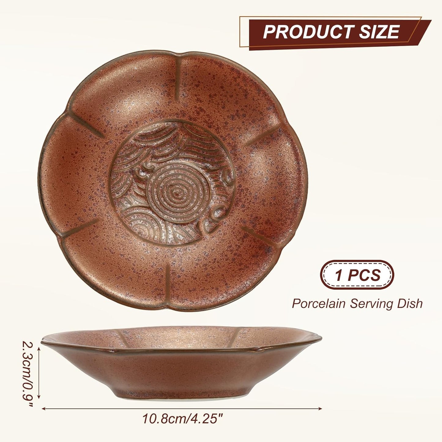 uxcell Porcelain Serving Dish, 4.25 Inch Small Ceramic Candy Plate with Water Pattern Petal Shape Decorative Bowl for Wedding Party Household Living Room Candy Snack Plate, Brown