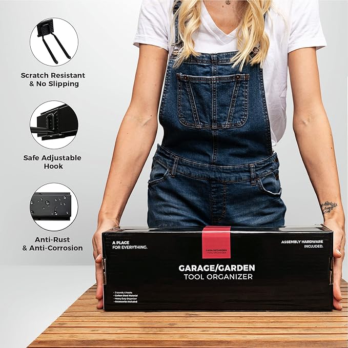 TIDYME Heavy-Duty Garage Wall Storage System | Wall Mounted Tool Organizer Rack with Shelving | 10-Piece Mounting Kit | Includes 4x10” Double-Layered Hooks & 2x16.5” Floating Utility Shelves