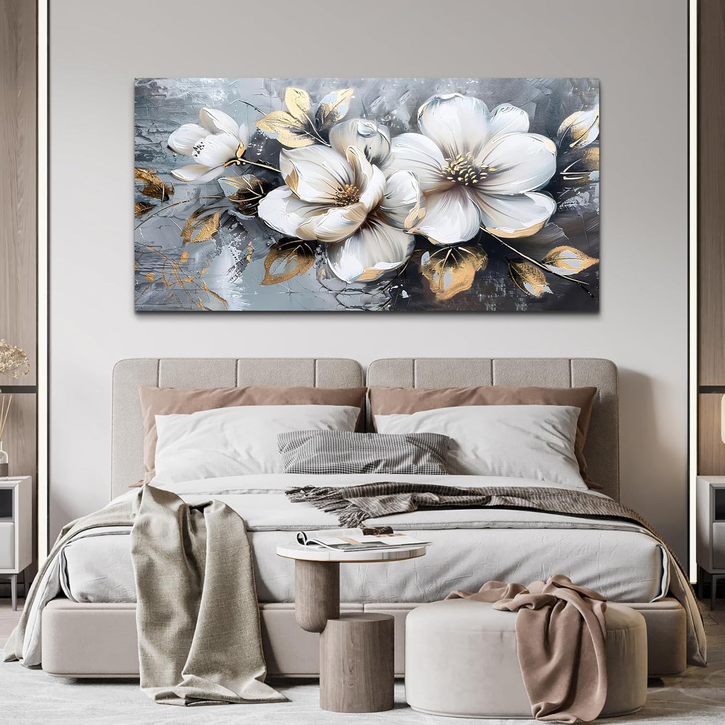 KELIYUAN Large Canvas Wall Art For Bedroom Wall Decor For Living Room Office Decorations Abstract White Flowers Paintings Pictures Artwork Modern Framed Posters Home Decor Ready To Hang 24"x48"