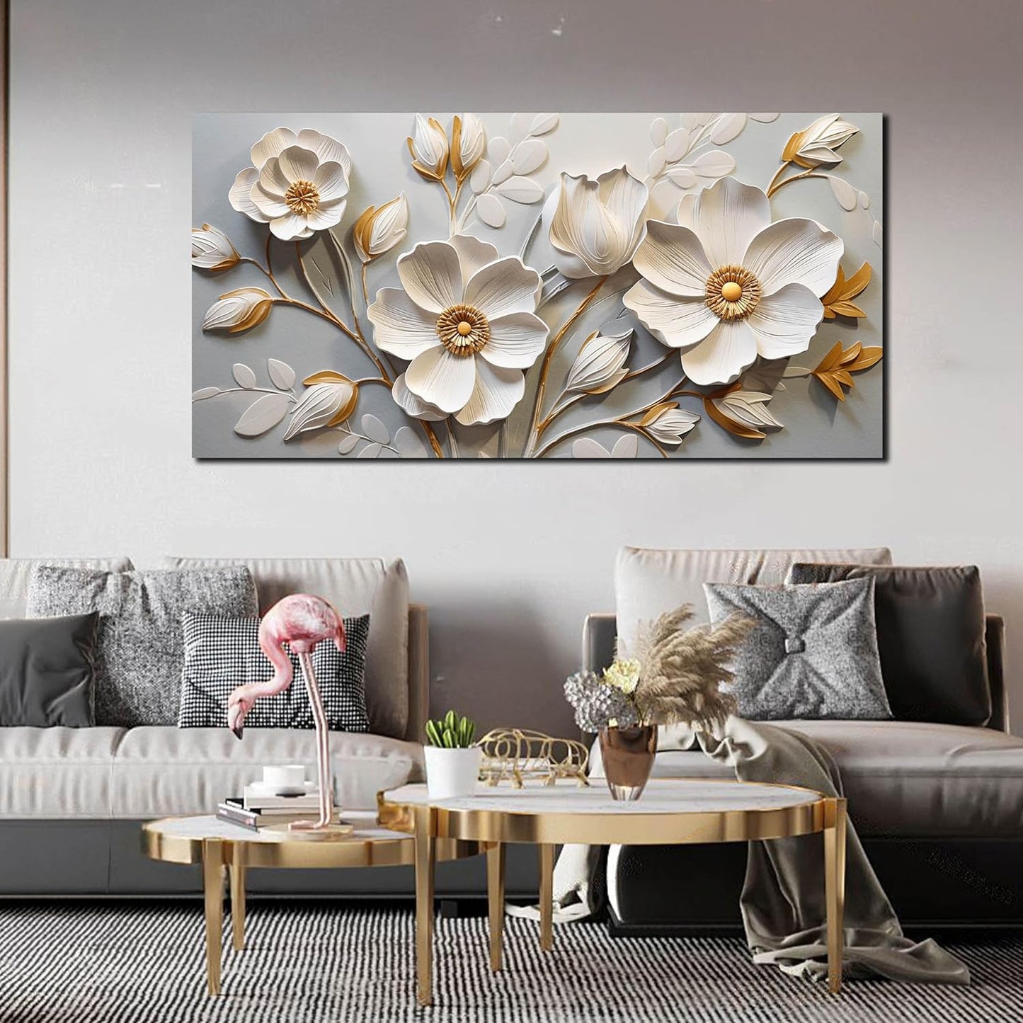 AOZEMI White Flowers Wall Art Floral Pictures Art Botanical Canvas Plant Prints Gold Wall Decor for Living Room Bedroom 24x48