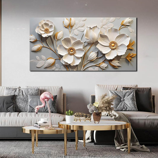 AOZEMI White Flowers Wall Art Floral Pictures Art Botanical Canvas Plant Prints Gold Wall Decor for Living Room Bedroom 24x48