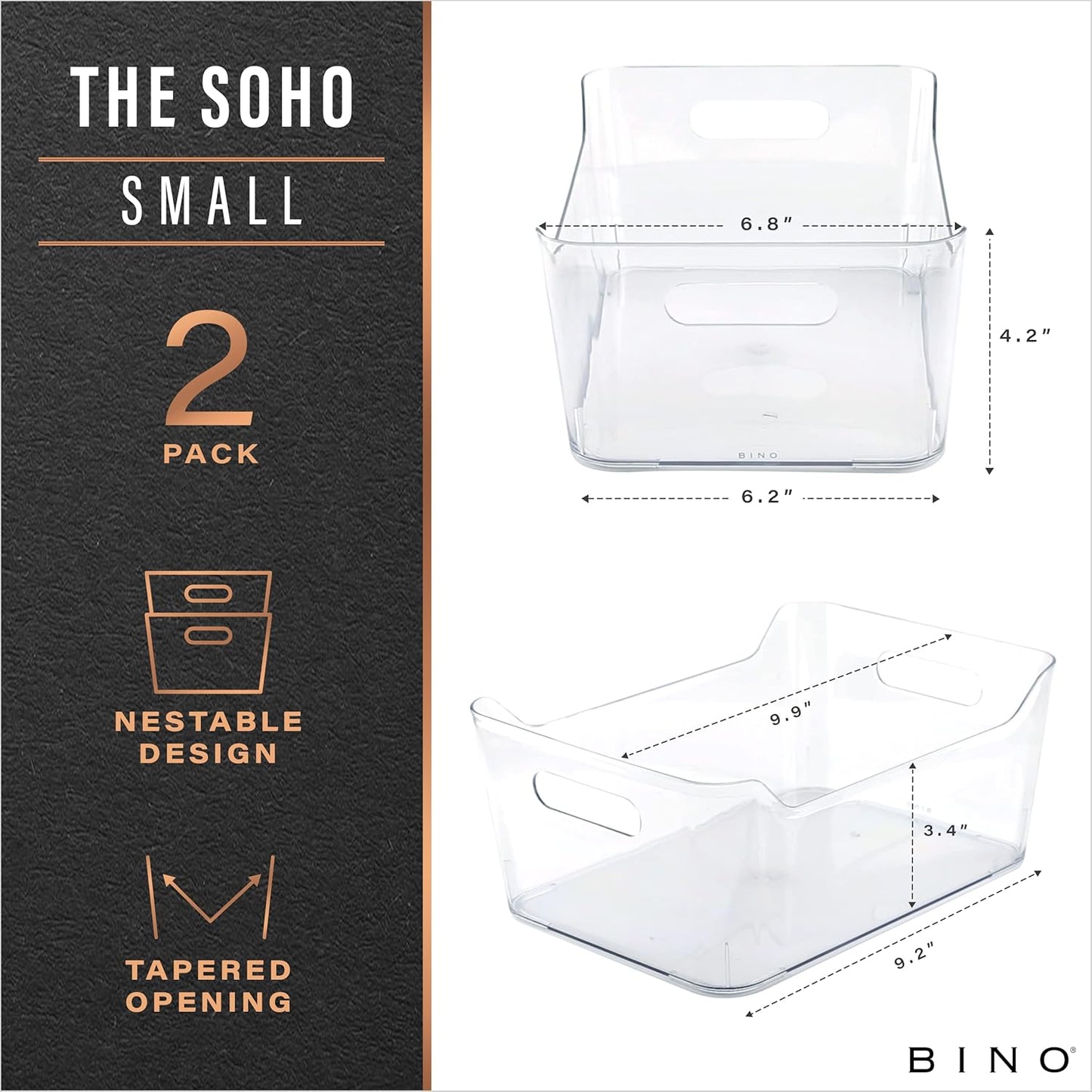 BINO | Plastic Storage Bins, Small - 2 Pack, Clear | THE SOHO COLLECTION | Pantry Organizers and Storage Containers Fridge Organizer Bins Kitchen Cabinet Organizer Medicine Cabinet Bin