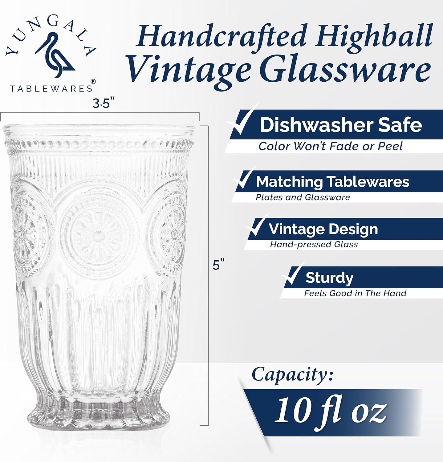 Yungala Highball Glasses set of 6 Vintage Glassware water glasses with unique footed design and pressed sunflower and hobnail motif - hand crafted without lead - dishwasher friendly