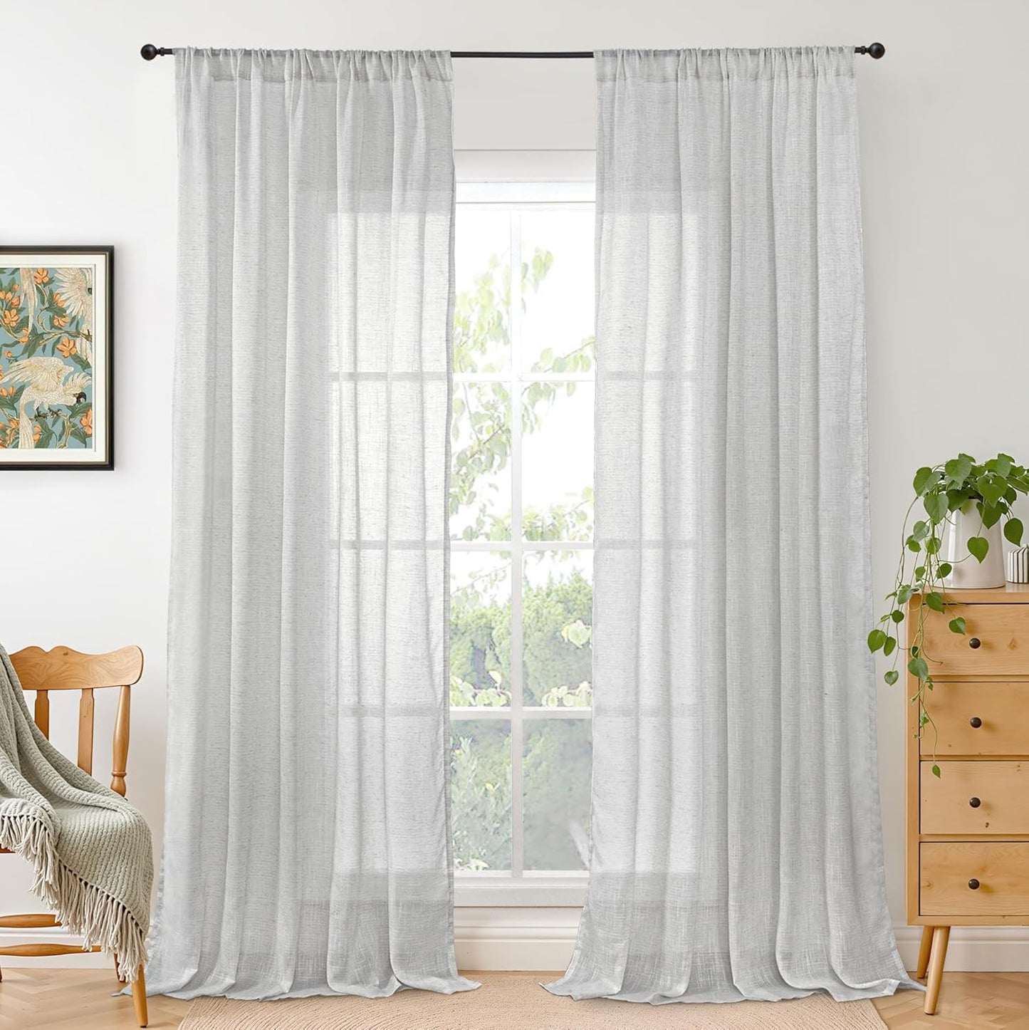 BGment Long Linen Curtains 102 Inch Length for Living Room, Light Grey Sheer Window Drapes for Bedroom Farmhouse Decor with Rod Pocket Lightweight Rustic Textured, 2 Panels Set, Each 52 Inch Wide