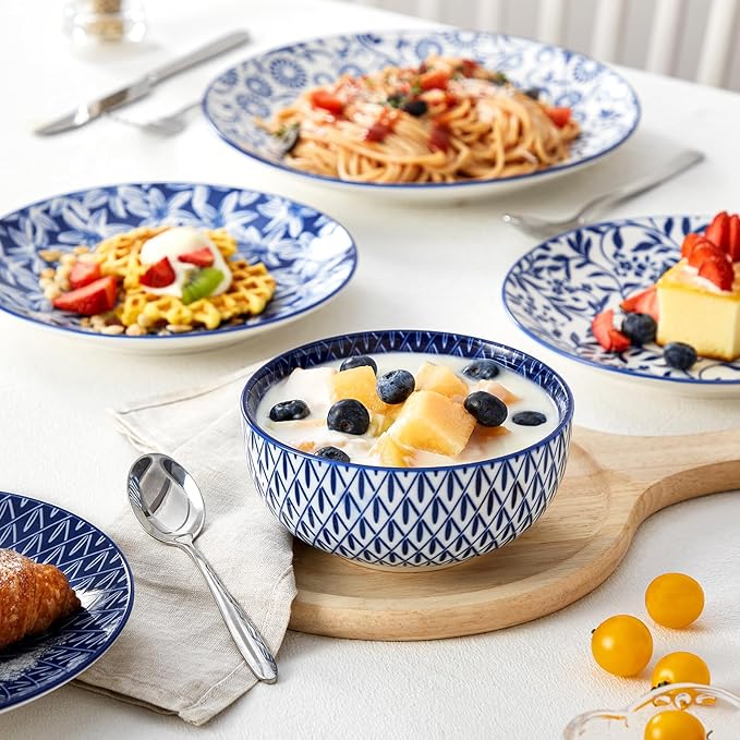 vancasso SELENE Plates and Bowls Set for 4, 12 Pieces Dinnerware Sets, Mircowave and Dishwasher Safe Dishes Set, Porcelain Blue Dinnerware