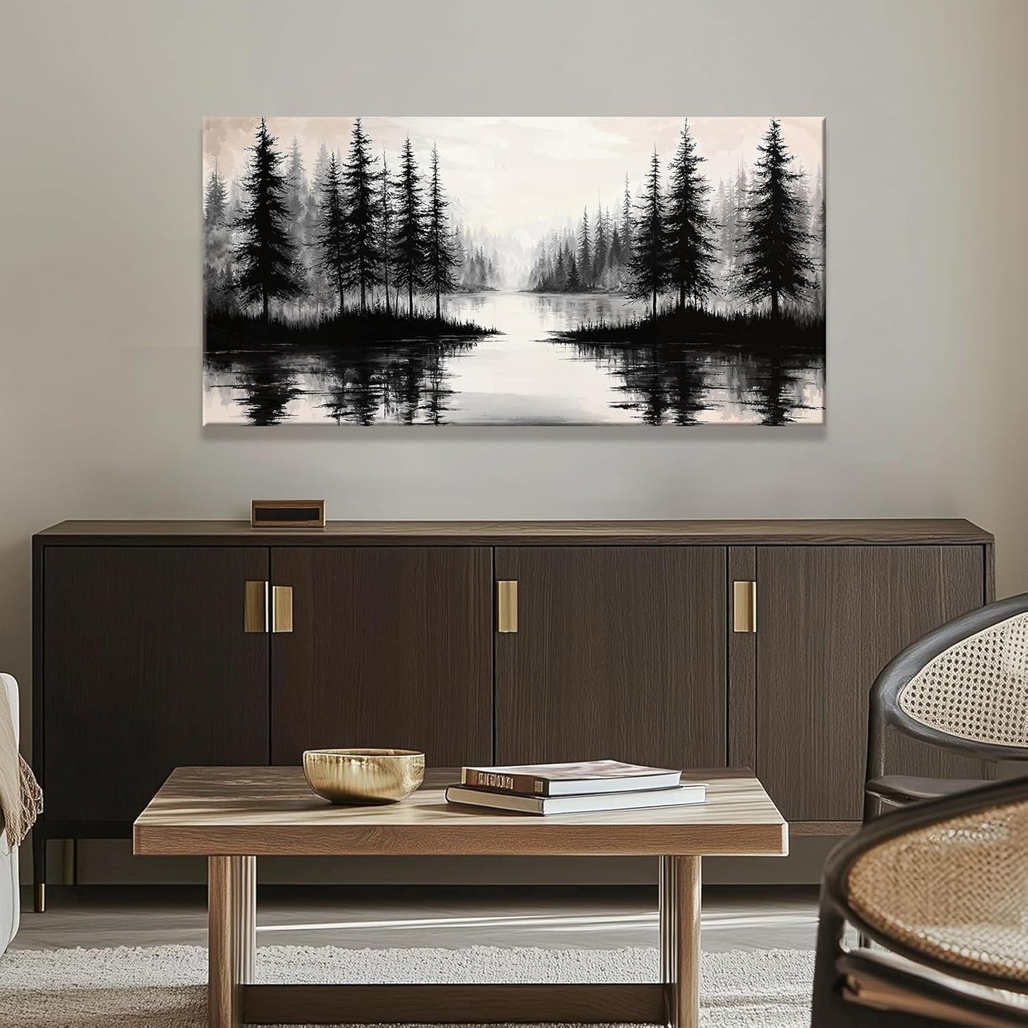 QSQ Black Wall Art For Living Room Canvas Art Wall Decor Print Modern Wall Art Forest River Landscape Painting Picture For Bedroom Office Apartment Hotel Home Wall Decoration 24 X 48 In