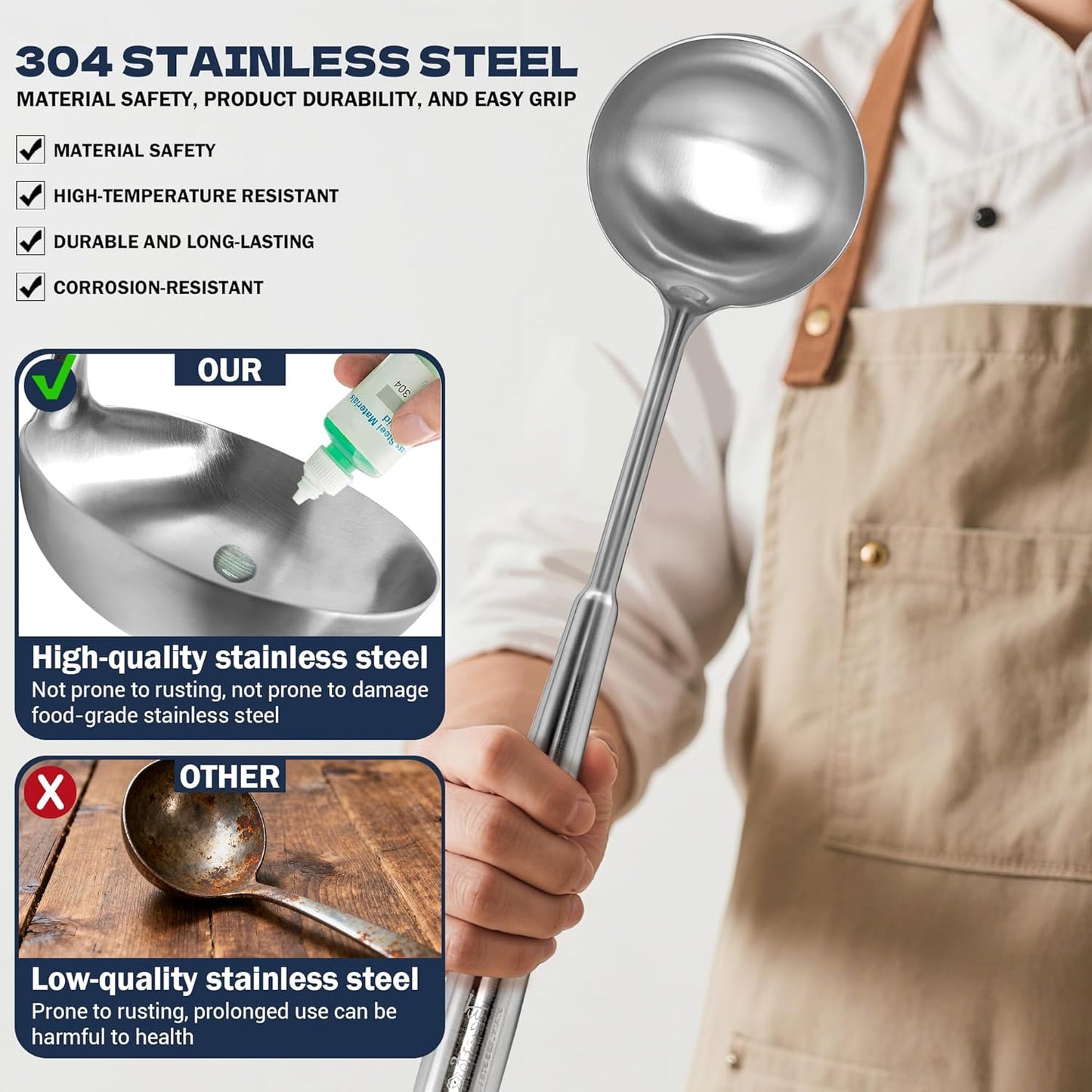 Solid Stainless Steel Soup Ladle, 13.7" Food-Grade 304 Rust-Free Table Ladle, Brashed-Polished & One-Piece Dishwasher-Safe, Ergonomic Long Handle for Home, Kitchen, Restaurant