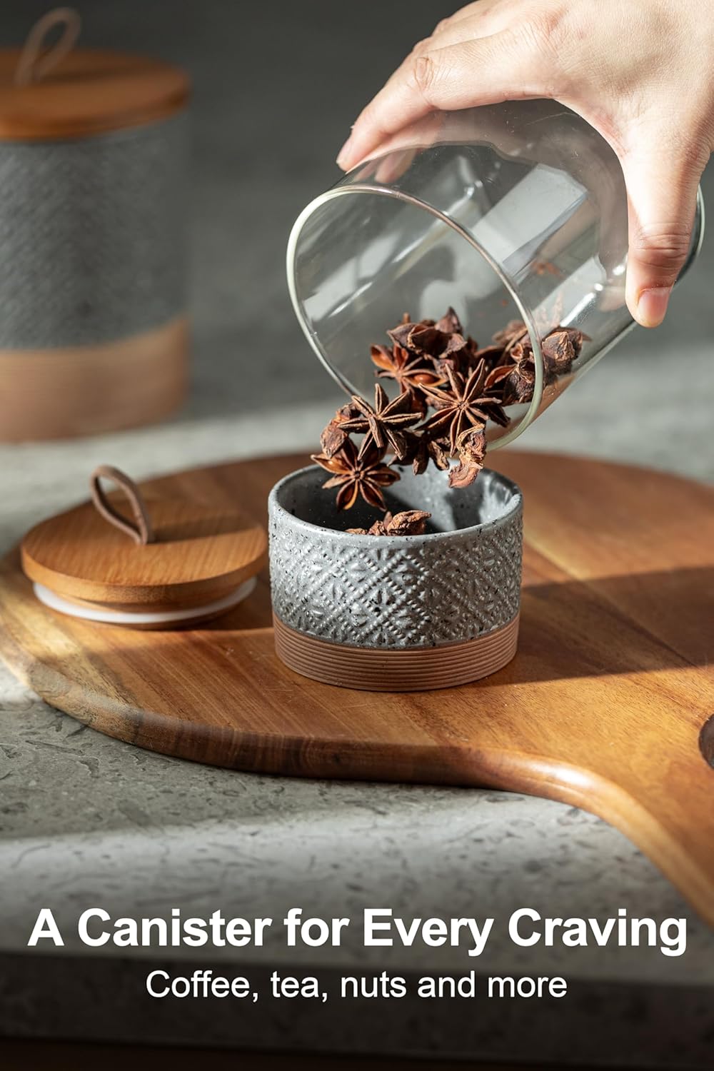 Small Ceramic Jar with Lid, Coffee Container Kitchen Food Storage Jars for Sugar Tea Bag, Stackable Decorative Spice Jars for Countertop Coffee Bar Accessories- Gray & 5 fl.oz