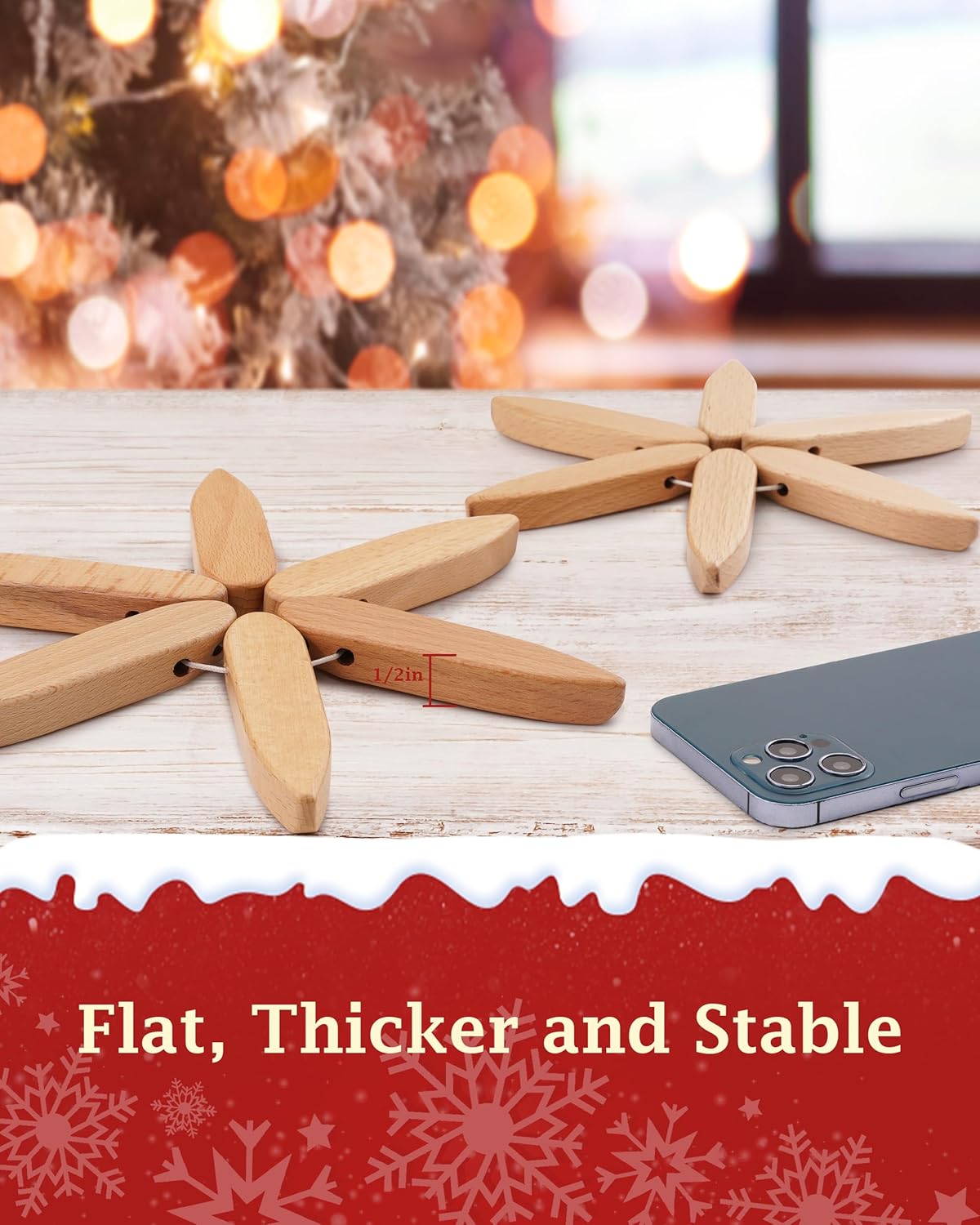 Wooden Trivets Tree for Hot Dishes, Set of 3 Natural Wood Coaster for Hot Pots and Pans, Christmas Tree-Shaped Stackling Trivets with Organizer, 8 Inch Decorative Wooden Hot Pads, 3PCS Light Wood