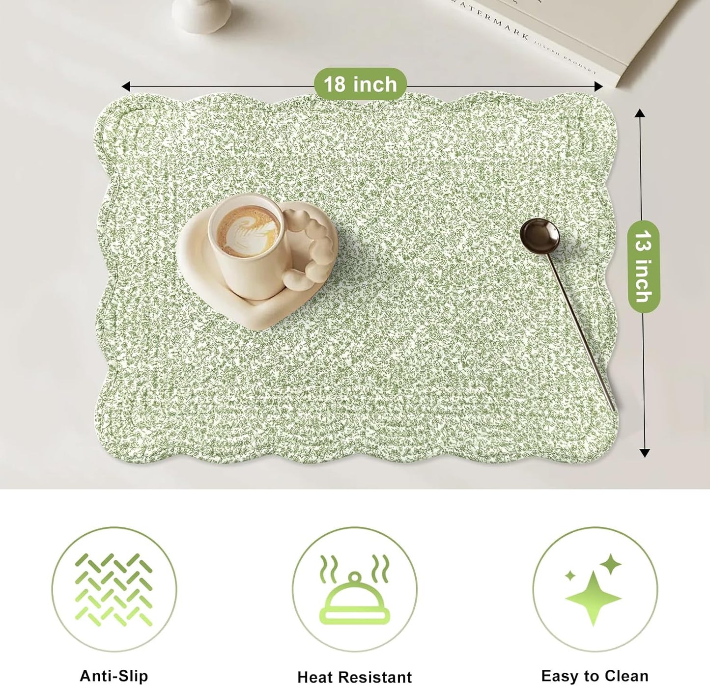 6 PC Quilted Placemats, 18"X13"Extra Large Cotton Placemats Set of 6, 100% Cotton Fabric Washable Cloth Table Mats for Kitchen & Dining Table - Soft &Easy Clean(Green Crushed Flower, Rectangular)