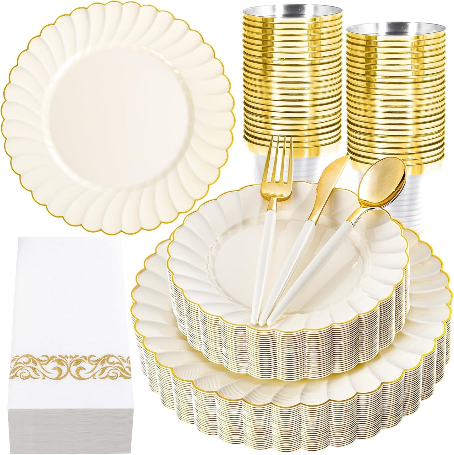 Ciaell 175 PCS Ivory Scalloped Plastic Plates with Gold Trim - Gold Plastic Silverware with Handle - Fancy High-end Dinnerware Sets for Wedding & Showers & Party & Thanksgiving (25 Guests)