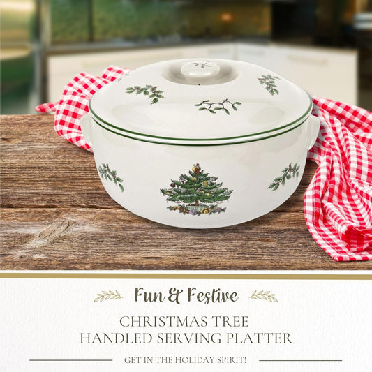 Spode Christmas Tree Round Covered Deep Casserole Dish (8.75" x 5") - Festive Holiday Serveware & Vintage Christmas Table Centerpiece - Fine Earthenware Classic Holiday Bakeware