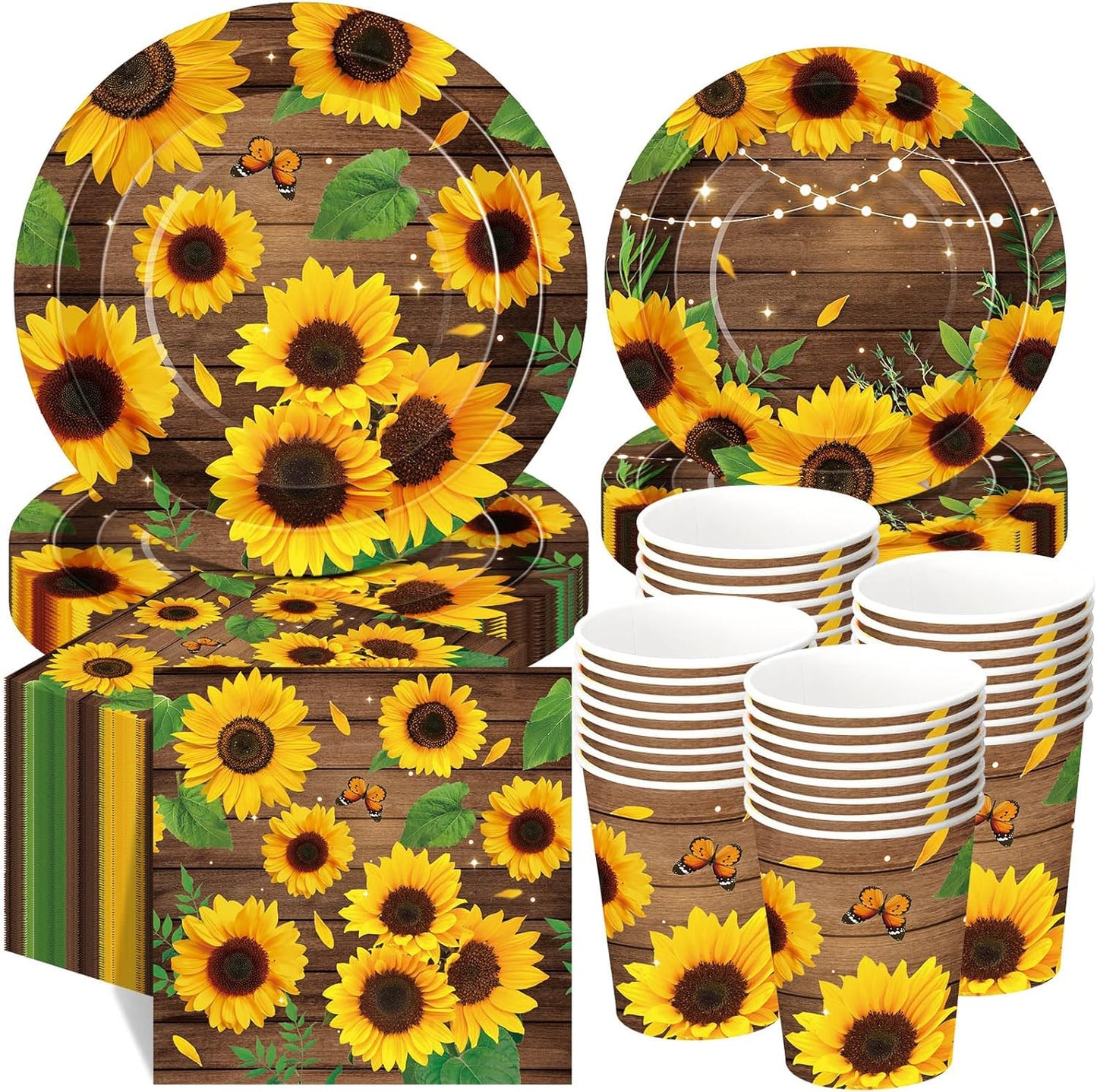 250 Pcs Sunflower Party Decorations Include Spring Summer Floral Paper Plates Napkins and Cups for Wildflower Baby Shower Tea Decorations, Serve 50 Guest(Yellow and Brown,Sunflower Style)