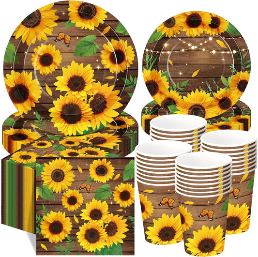 250 Pcs Sunflower Party Decorations Include Spring Summer Floral Paper Plates Napkins and Cups for Wildflower Baby Shower Tea Decorations, Serve 50 Guest(Yellow and Brown,Sunflower Style)