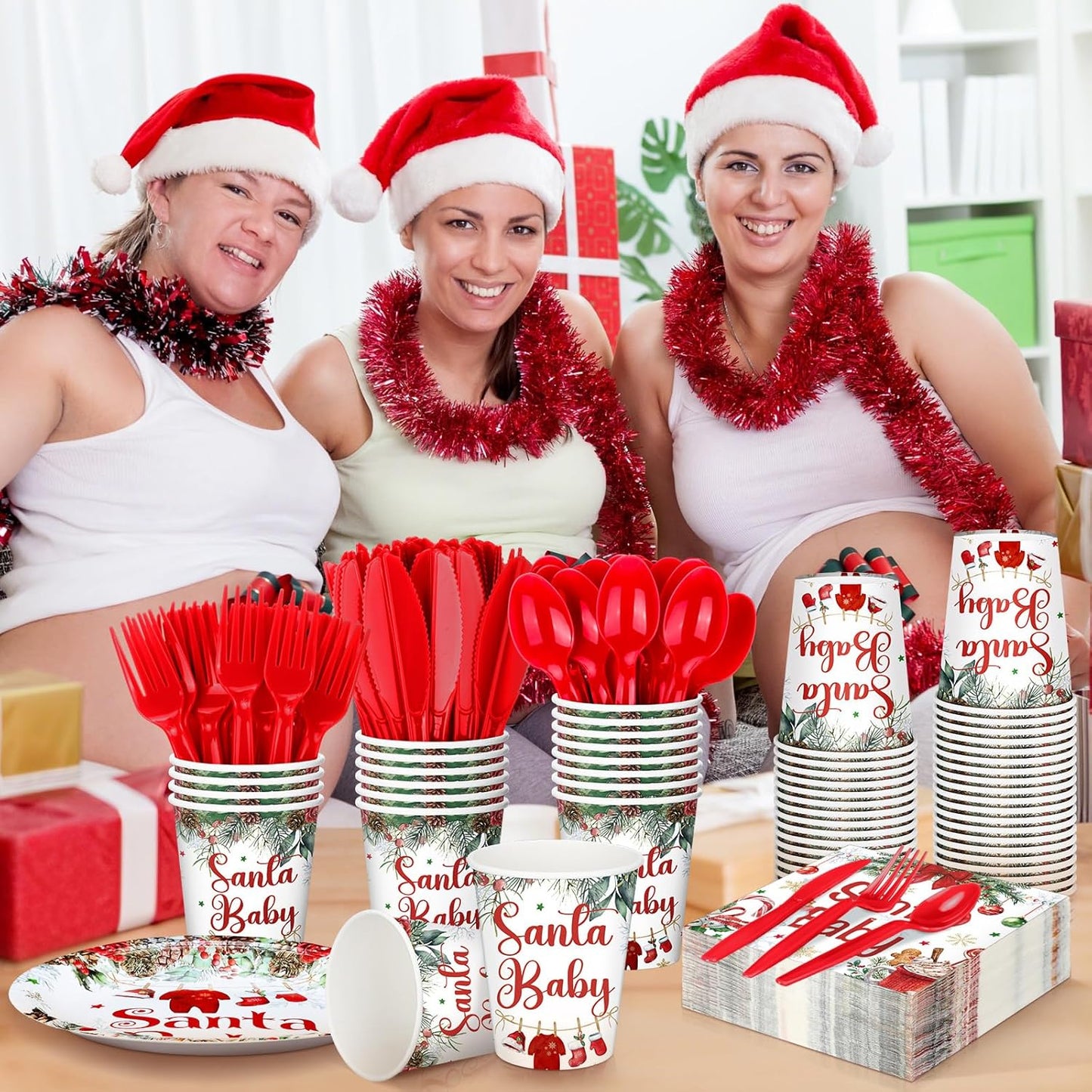 Dandat 350 Pcs Baby Shower Plates Set Baby Shower Party Supplies Serves 50 Tableware Sets Include Plates Napkin Cup Forks Knives Spoons Disposable Dinnerware (Christmas Santa Babies,Red)