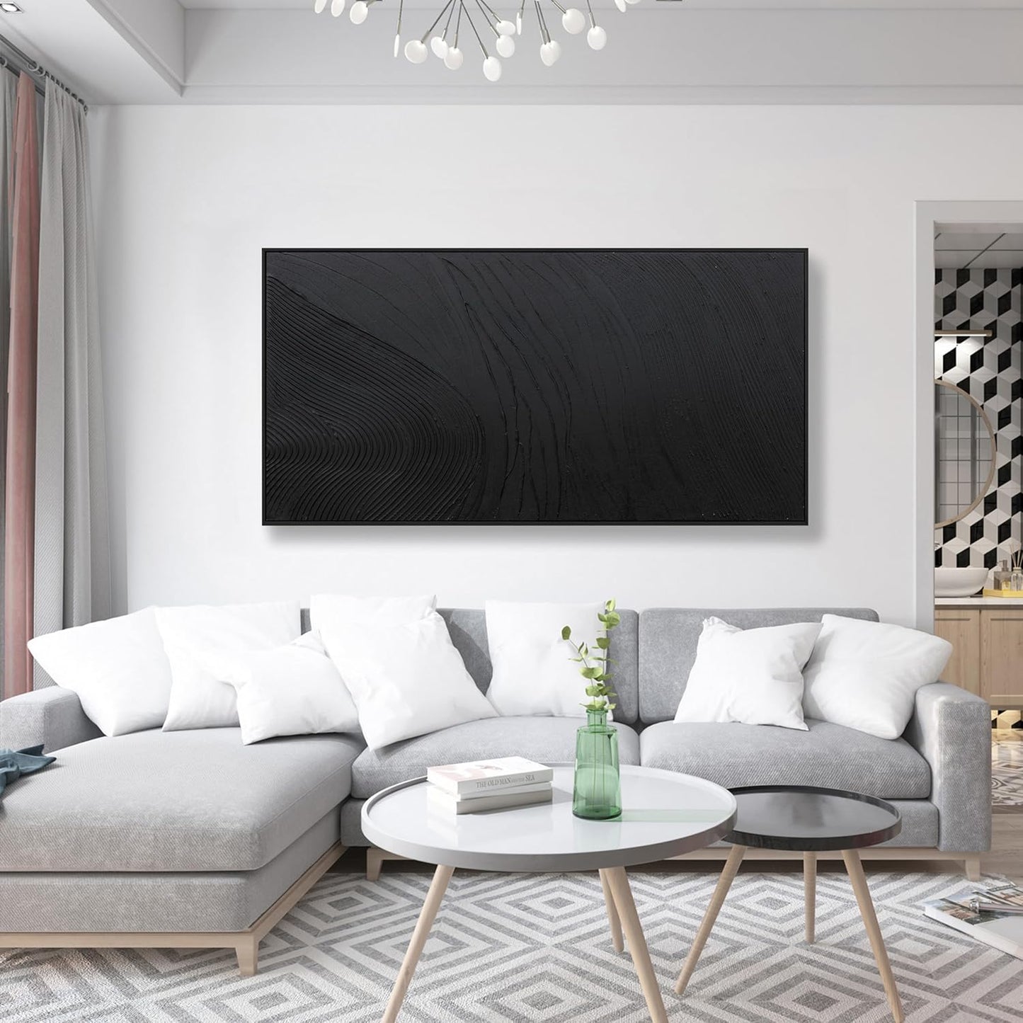 Framed Abstract Wall Art For Living Room Wall Decor Artwork 48" W X 24" H Black Hand Painted Line Texture Canvas In Large Abstract Artwork For Living Room Bedroom Office Modern Glam Decor Ready To Hang