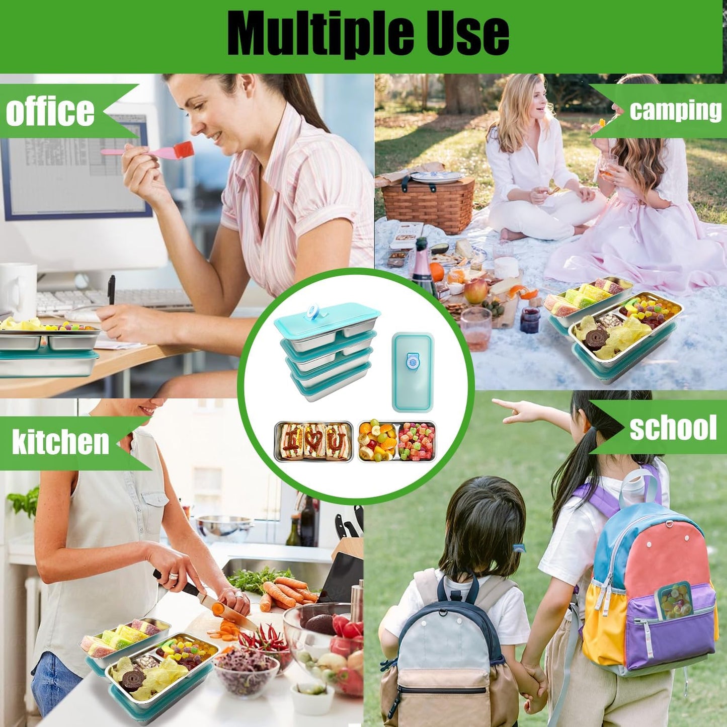 Stainless Steel Snack Containers with Lids - condiment containers with lids, reusable double compartment snack containers, Grab and Go Snack Containers Dishwasher Safe for School, Work, travel