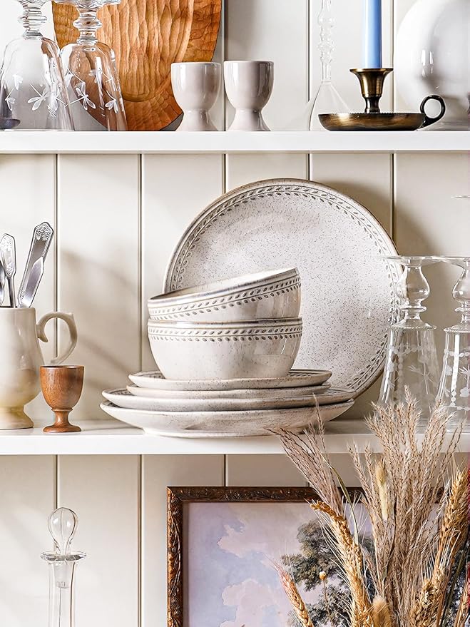 LE TAUCI Dinnerware Sets for 4, 12 Piece Ceramic Dish Set with Plates and Bowls | Oven/Dishwasher/Microwave Safe | Ideal for Housewarming | Reactive Beige (10" Plate+8" Dish+27oz Bowl)