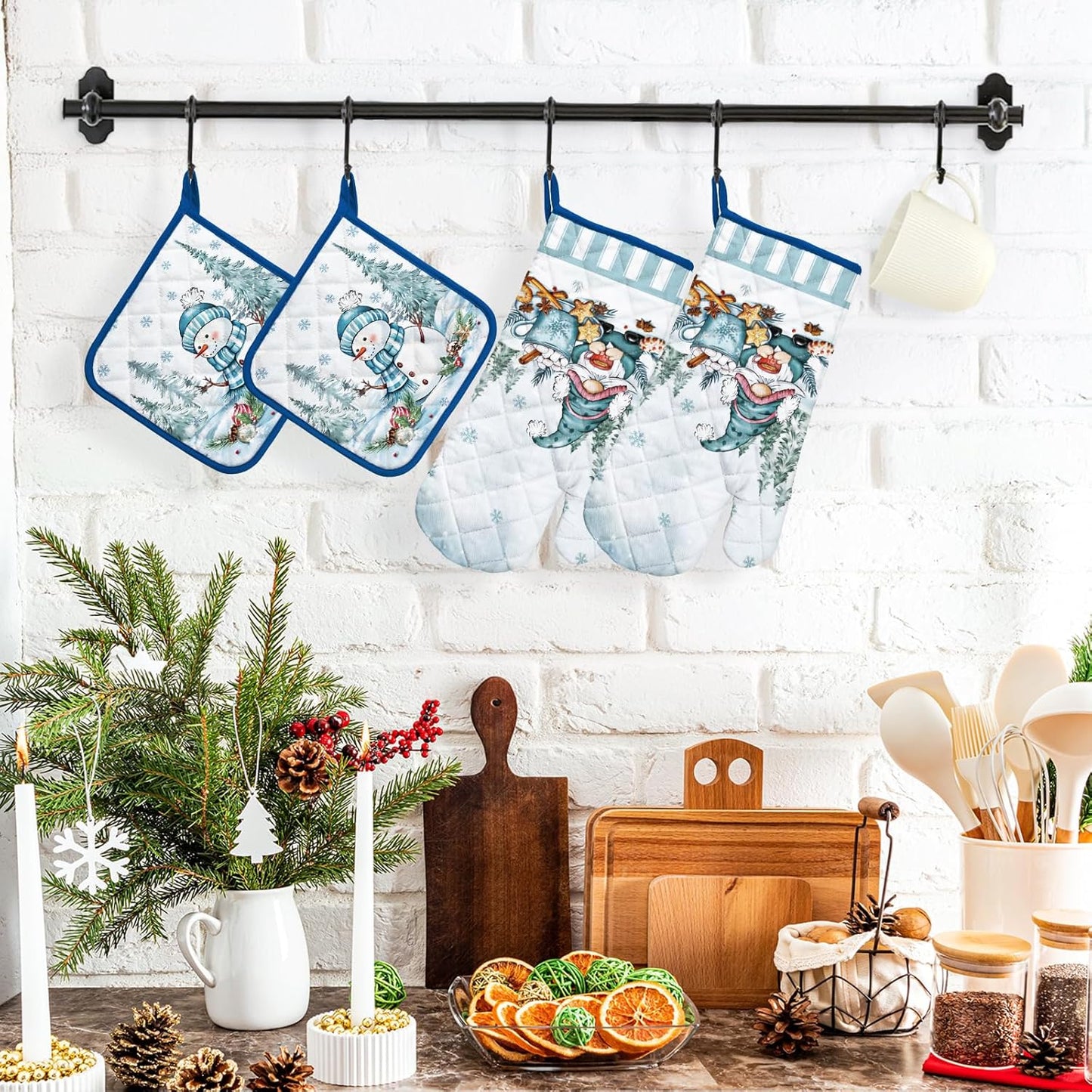 Winter Gnome Oven Mitts and Pot Holders Sets 4Pcs, 100% Cotton Heat Resistant, Extra Long Oven Gloves Potholder for Kitchen Cooking Baking Decoration