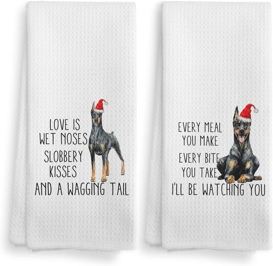 Funny Christmas Doberman Kitchen Towels and Dishcloths Set of 2, Dog Ornament, Decor, Gifts for Women Dog Lovers, Accessories, 1624 Inches
