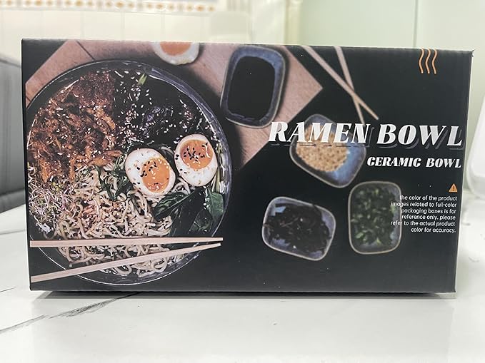 8-Inch Ceramic Ramen Bowl Set of 2 (9 Piece) - Porcelain Japanese Salad Noodles Cereal Fruit Pasta Soup Large Bowls with Recipes Chopsticks Forks Spoons for Men Women Gift Microwave & Dishwasher Safe