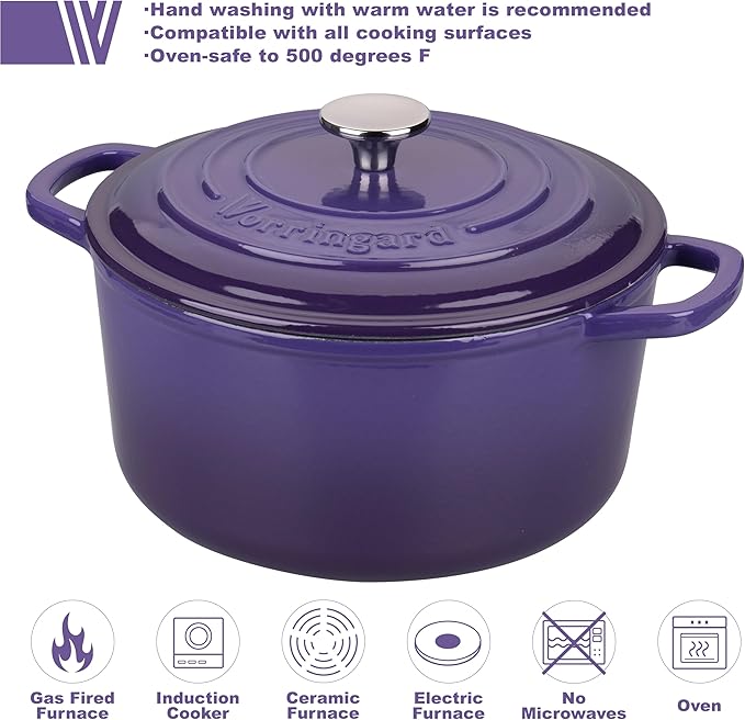 Enameled Cast Iron Dutch Oven Pot with Lid, for Sourdough Bread Baking, Round Dutch Ovens, 4.5 Quart, Purple