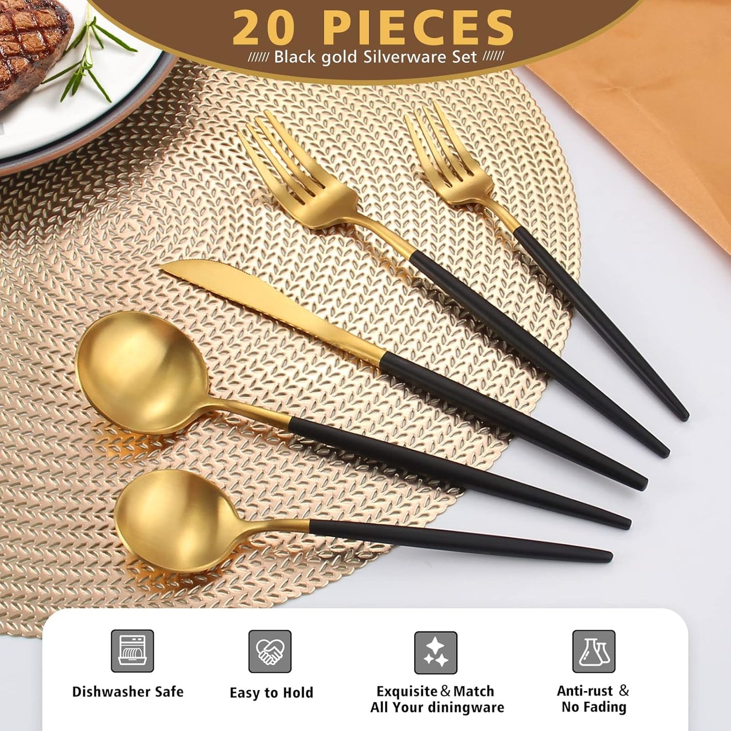 Matte Black Gold Silverware Set, Oliviola 20-Piece Stainless Steel Flatware Cutlery Set Service for 4, Satin Finish Kitchen Utensil Set, Dishwasher Safe