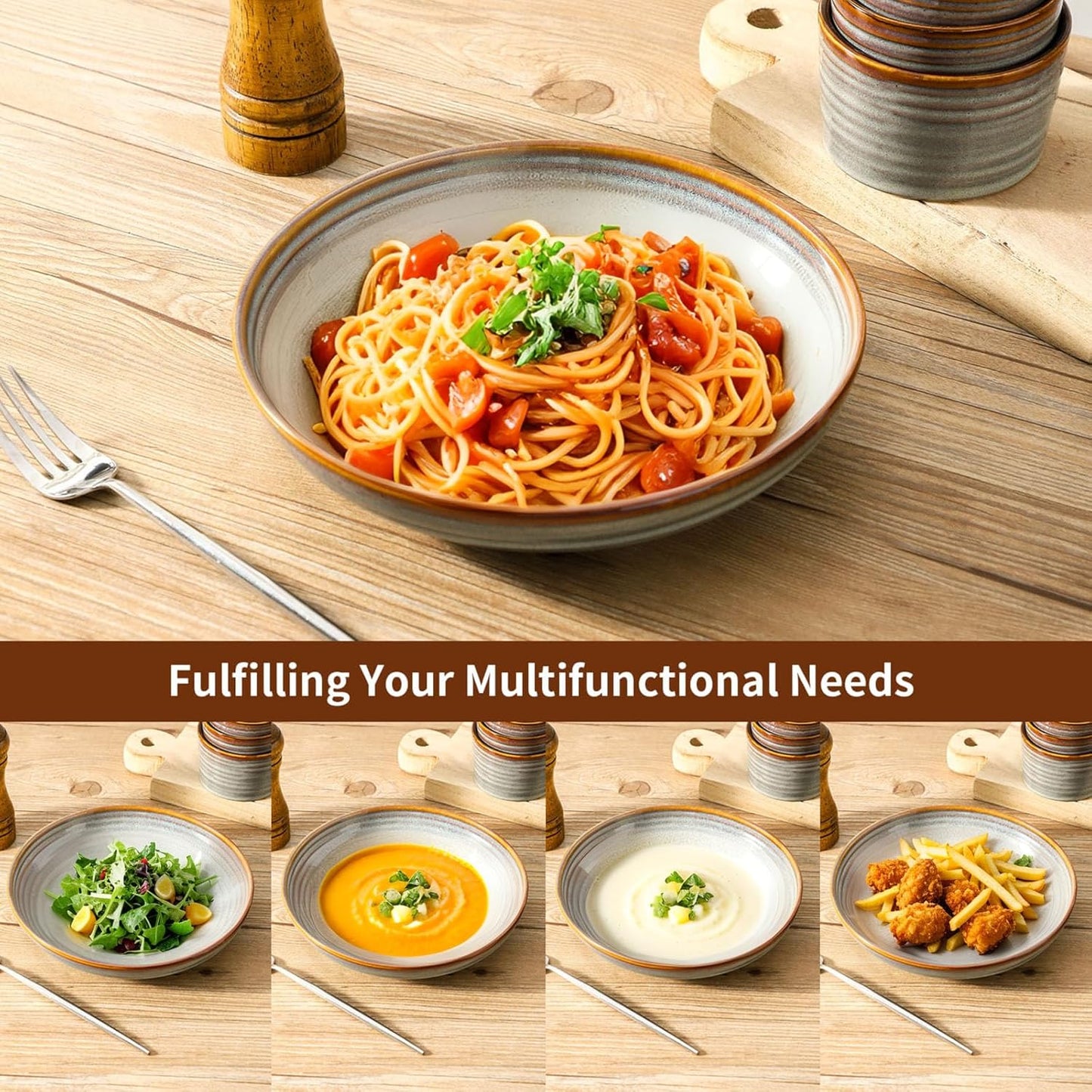 Hasense Pasta Bowls Set of 4, 32 Ounce Ceramic Serving Bowls for Kitchen, 8.7 Inch Shallow Serving Dishes for Salad, Pasta, Soup, Dishwasher & Microwave Safe, Light Grey